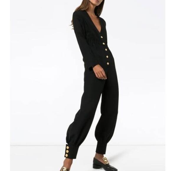 Gucci Alione V-neck Long Sleeve Button Jumpsuit Wool Silk Gold Black IT 36 US 0